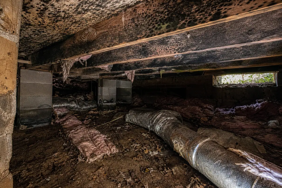 Damaged crawl space with mold in Knoxville, TN before repair